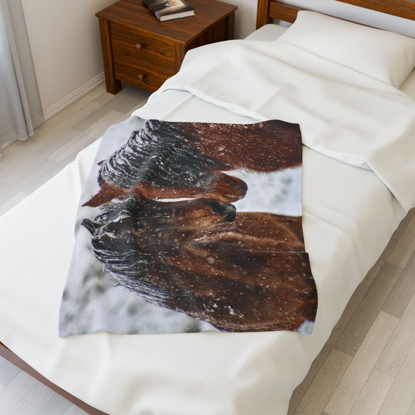 Horse Portrait Velveteen Plush Blanket | Winter Snow Horses